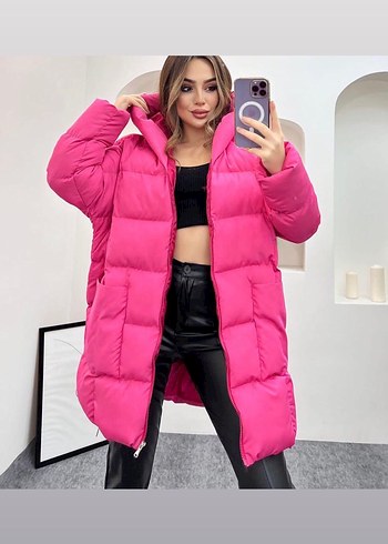 Parlak Pembe Uzun Kadın Mont