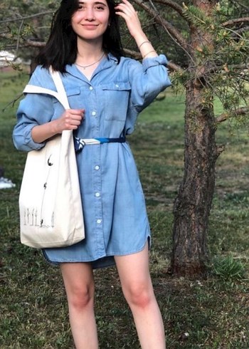 H&M Mavi Kot Kemerli Gunluk Elbise