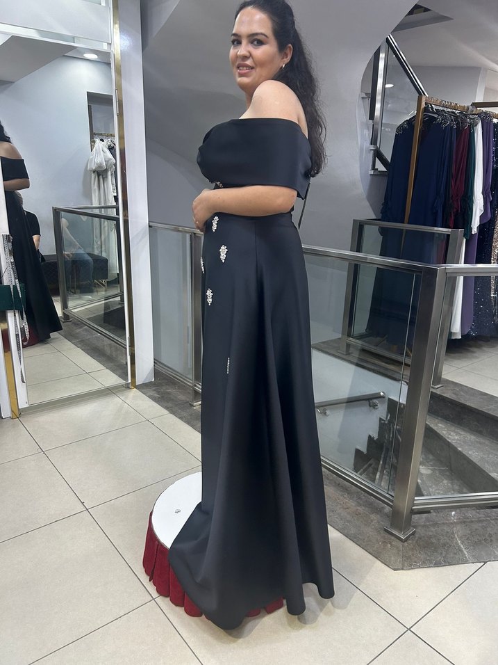 Drapeli Siyah Straplez Taş detaylı Uzun Abiye - Görsel 4