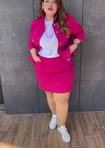 Pembe Bağlama Desenli Denim Mini Etek
