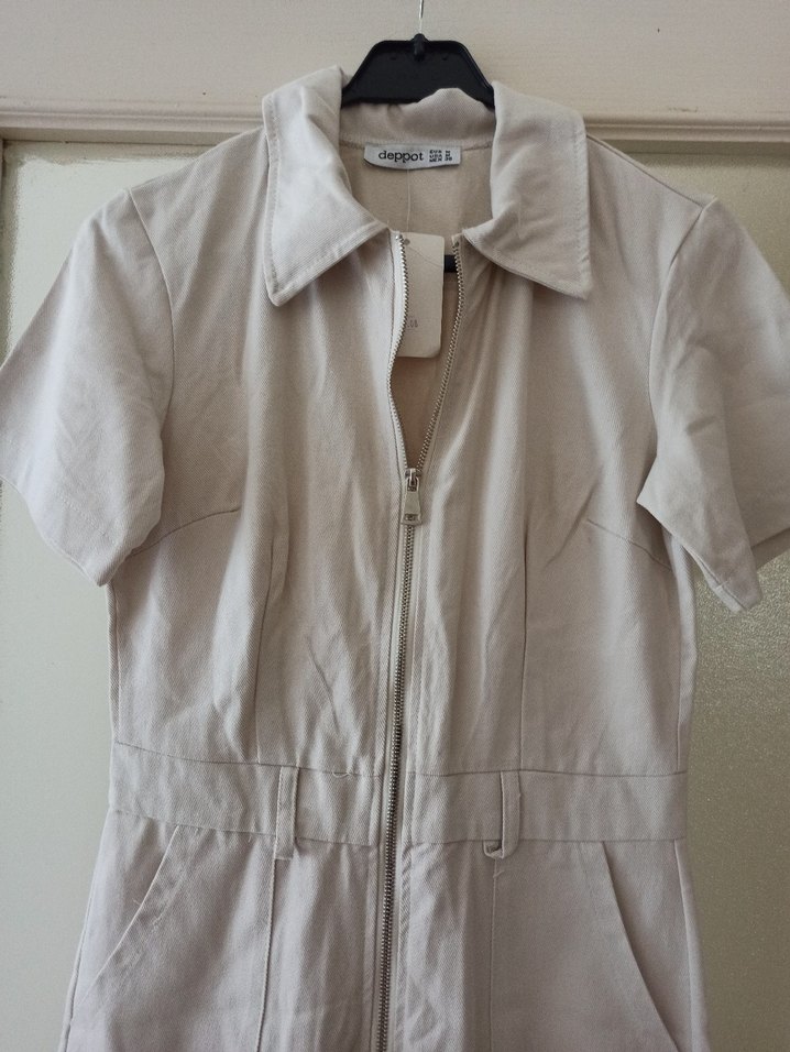 Beyaz Keten Midi Tulum, Kısa Kollu, Regular Fit - Görsel 3