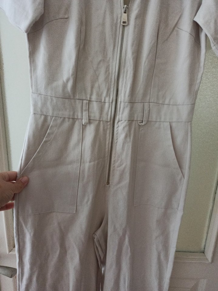 Beyaz Keten Midi Tulum, Kısa Kollu, Regular Fit - Görsel 2