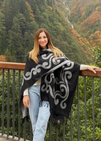 Gri Bohem Tarzı Yün Kadın Şal - Görsel 2