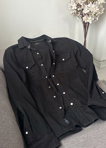 Erkek Siyah Denim Gömlek, Uzun Kollu, Rahat Kesim - Görsel 3