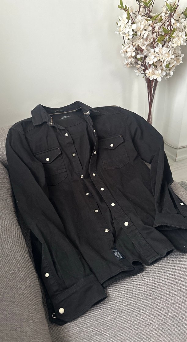 Erkek Siyah Denim Gömlek, Uzun Kollu, Rahat Kesim - Görsel 3