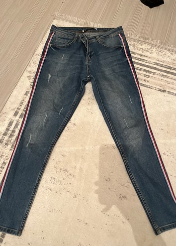 Çizgili Kemerli Kadın Denim Pantolon - Görsel 2