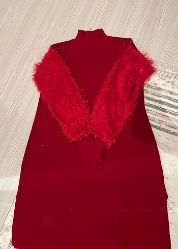 Kırmızı Uzun Kollu Kürklü Kadın Triko Elbise tunik - Görsel 2