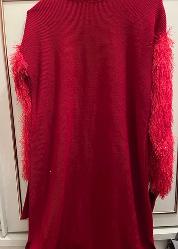 Kırmızı Uzun Kollu Kürklü Kadın Triko Elbise tunik - Görsel 3