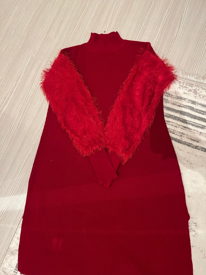 Kırmızı Uzun Kollu Kürklü Kadın Triko Elbise tunik - Görsel 2