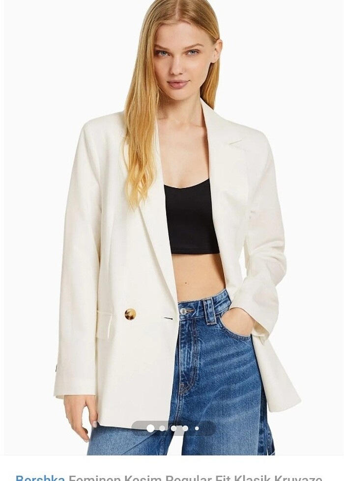Bershka Feminen Kesim Regular Fit Kruvaze Blazer Beyaz - Görsel 2