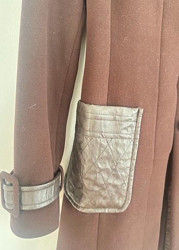 Düğmeli Kahverengi Deri Kadın Klasik Ofis Kabanı - Görsel 2