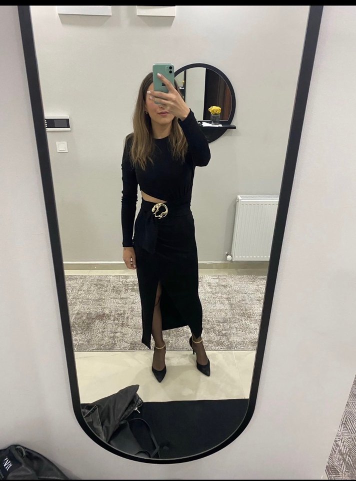 Siyah Kadın Uzun Kemerli Fitted Elbise - Görsel 2