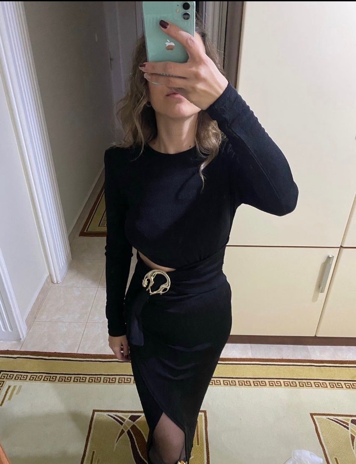 Siyah Kadın Uzun Kemerli Fitted Elbise - Görsel 3