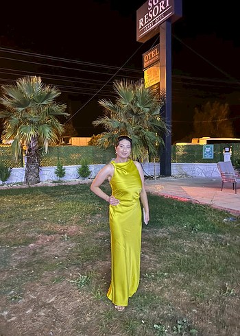 Yağ yeşili Drapeli Uzun Abiye Elbise 38 beden