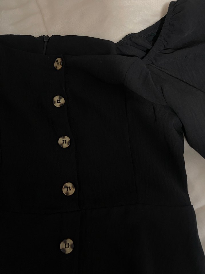 Düğmeli Siyah Midi Elbise Balon Kollı - Görsel 2