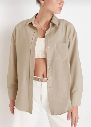 Trendyol & Milla Bej Kadın Gömlek Oversize Uzun Kollu