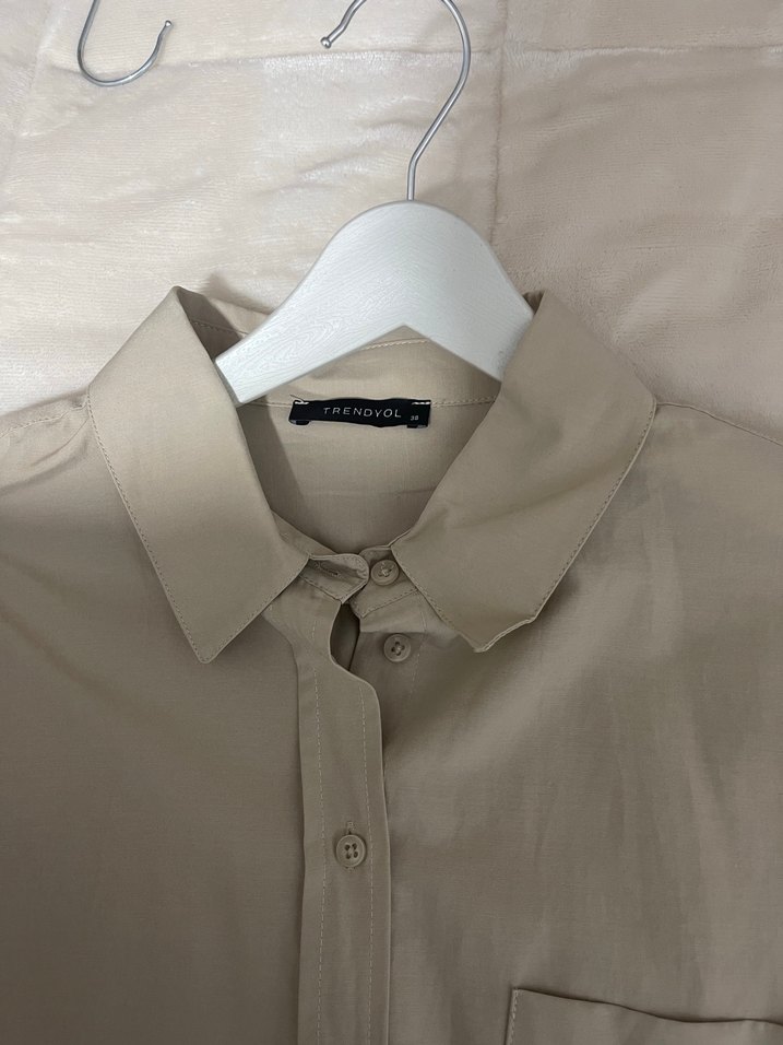 Bej Kadın Gömlek Oversize Uzun Kollu - Görsel 3