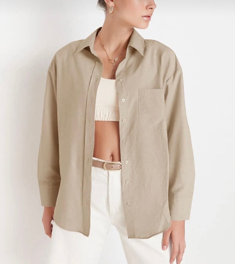 Bej Kadın Gömlek Oversize Uzun Kollu - Görsel 2