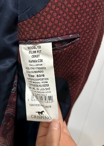 Bordo Erkek Ceket Notch Yaka, Düğmeli - Görsel 2