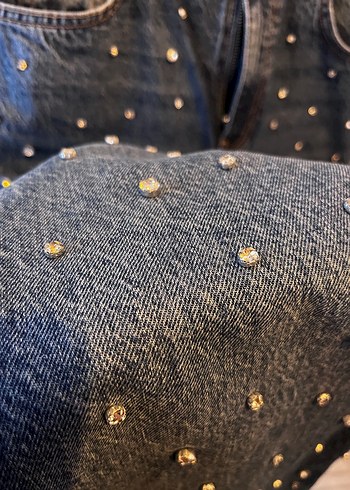 Taş İşlemeli Mavi Bol Kesim  Kot Pantolon - Görsel 5