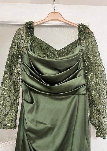 TREND GİYİM Khaki Uzun Kollu Saten Abiye - Görsel 6