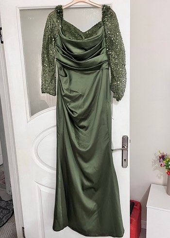 TREND GİYİM Khaki Uzun Kollu Saten Abiye - Görsel 5