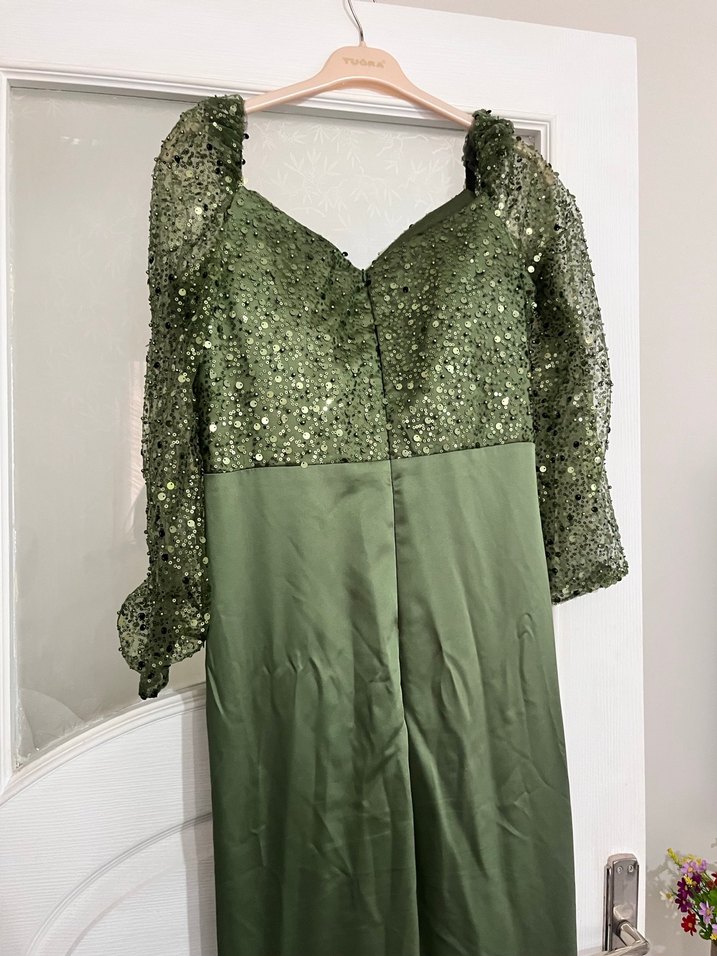 TREND GİYİM Khaki Uzun Kollu Saten Abiye - Görsel 2