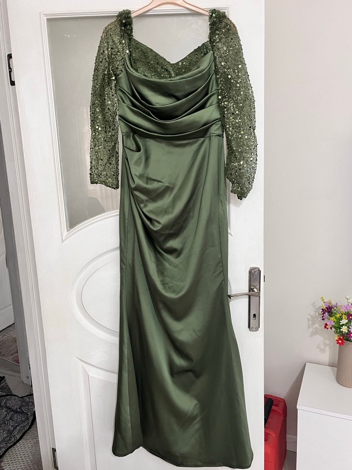 TREND GİYİM Khaki Uzun Kollu Saten Abiye - Görsel 5