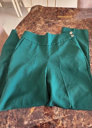 38 Beden yeşil Renk Yüksek bel Zümrüt yeşili kumaş pantolon
