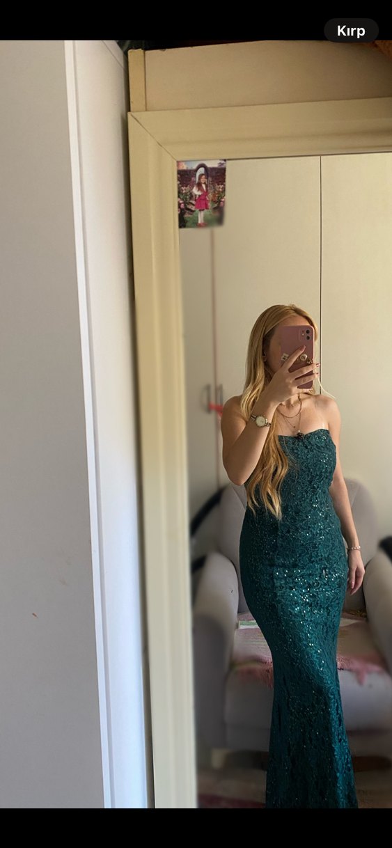 Yeşil Drapeli Uzun Straplez Abiye Elbise - Görsel 2