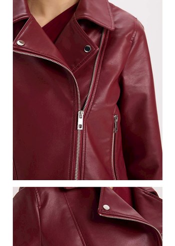 Bordo Kadın Deri Kemerli Ceket - Görsel 3