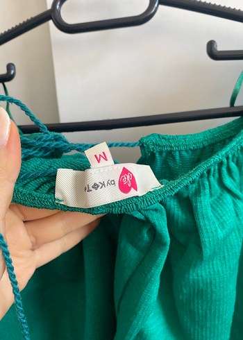 Kadın Yeşil Fırfırlı Mini Keten Bluz - Görsel 2