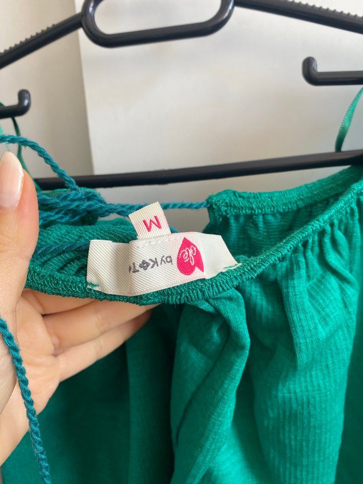 Kadın Yeşil Fırfırlı Mini Keten Bluz - Görsel 2