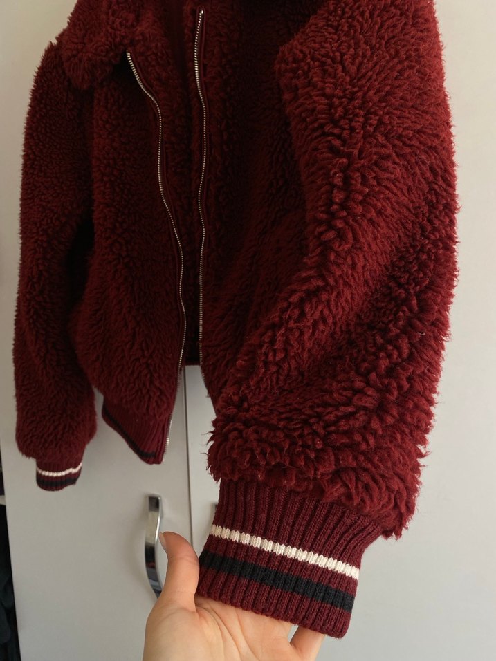 Bordo Suni Kürk Detaylı Kadın Mont - Görsel 2