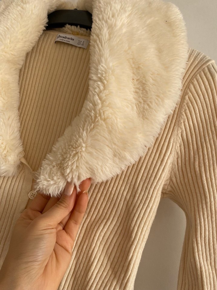 Kürklü Bej Kadın Triko Kazak - Görsel 4