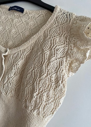 Kısa Kollu Bej Örgü Mini Hırka - Görsel 4