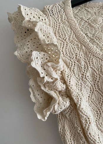 Kısa Kollu Bej Örgü Mini Hırka - Görsel 2