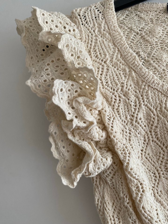 Kısa Kollu Bej Örgü Mini Hırka - Görsel 2