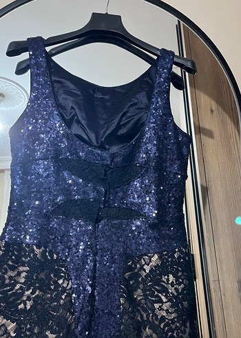 Lacivert Dantel İşlemeli Uzun Abiye Elbise - Görsel 4