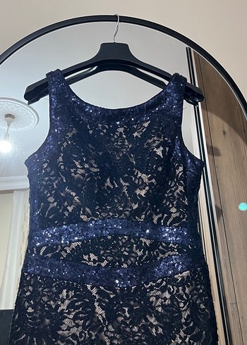 Lacivert Dantel İşlemeli Uzun Abiye Elbise - Görsel 3