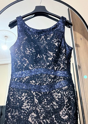 Lacivert Dantel İşlemeli Uzun Abiye Elbise - Görsel 2