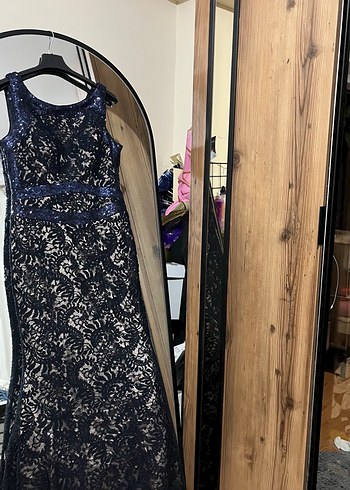 Lacivert Dantel İşlemeli Uzun Abiye Elbise - Görsel 6