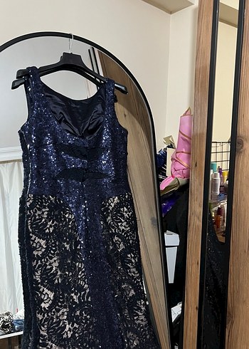 Lacivert Dantel İşlemeli Uzun Abiye Elbise - Görsel 5