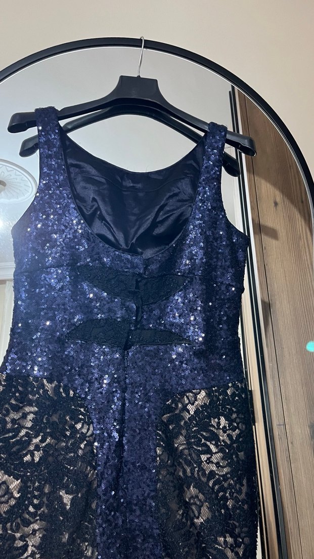 Lacivert Dantel İşlemeli Uzun Abiye Elbise - Görsel 4