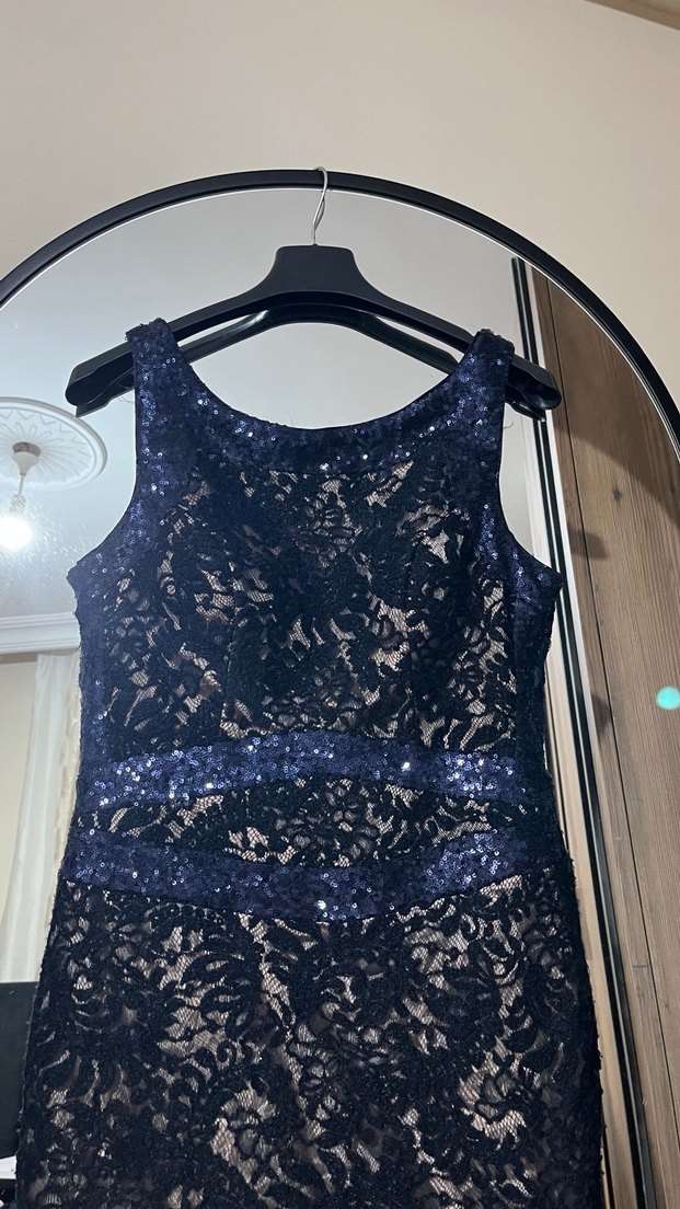 Lacivert Dantel İşlemeli Uzun Abiye Elbise - Görsel 3