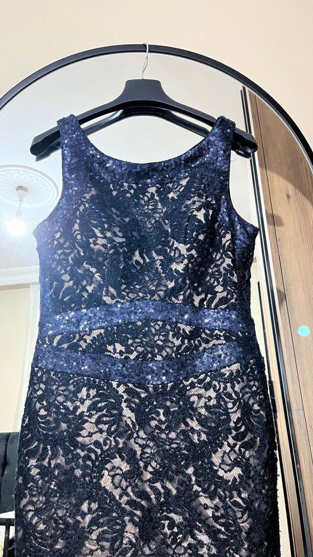 Lacivert Dantel İşlemeli Uzun Abiye Elbise - Görsel 2