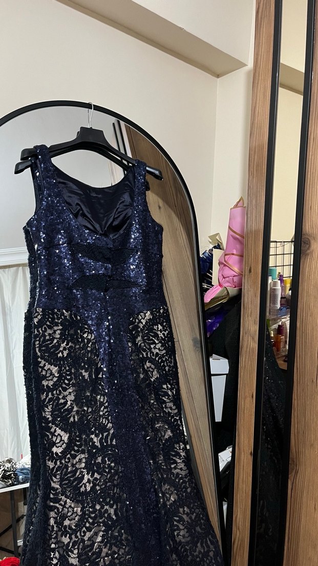 Lacivert Dantel İşlemeli Uzun Abiye Elbise - Görsel 5