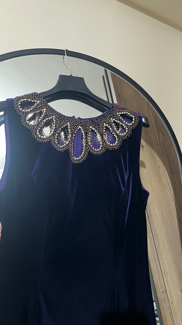 Mor İşlemeli Boncuklu Uzun Abiye Elbise - Görsel 2