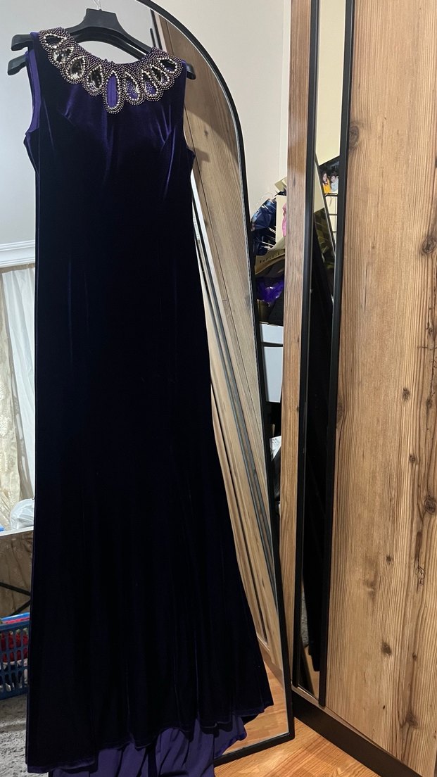 Mor İşlemeli Boncuklu Uzun Abiye Elbise - Görsel 5