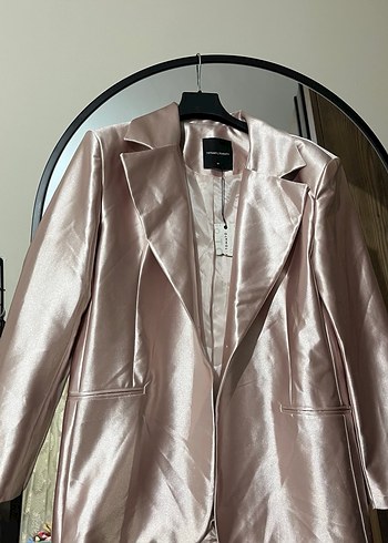 Pembe Parlak Saten Kadın Blazer Ceket - Görsel 3